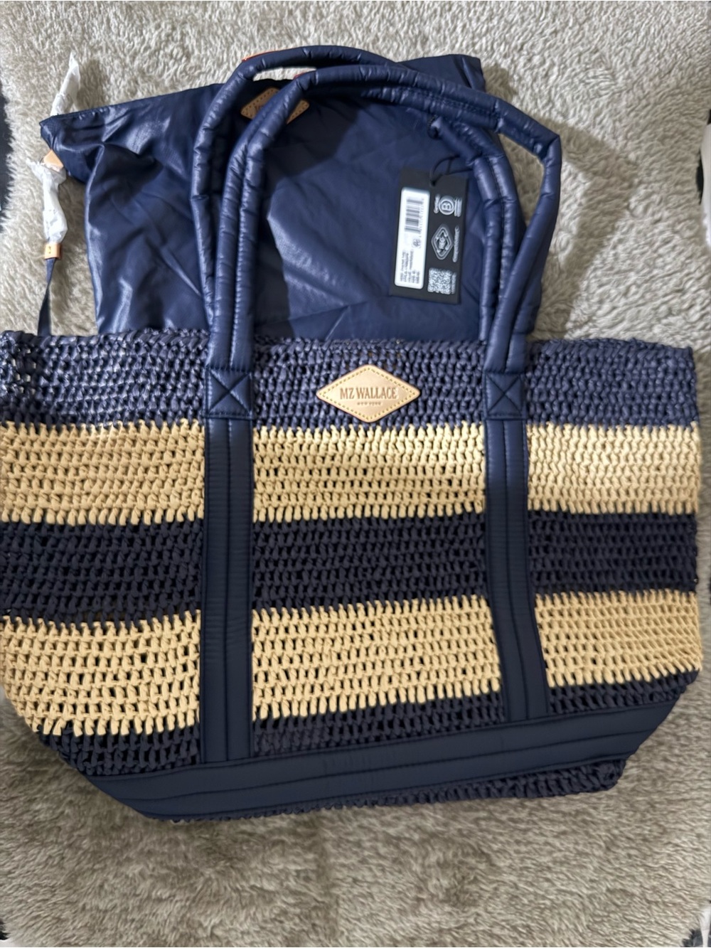 MZ Wallace Navy and Beige Striped Crochet Tote